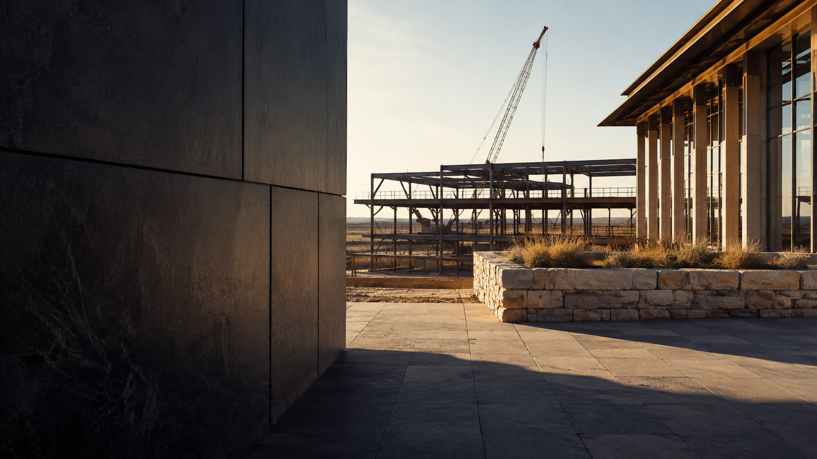 Architectural concept showing stone, steel framing, and commercial buildings. Not a completed Benson Brands project.