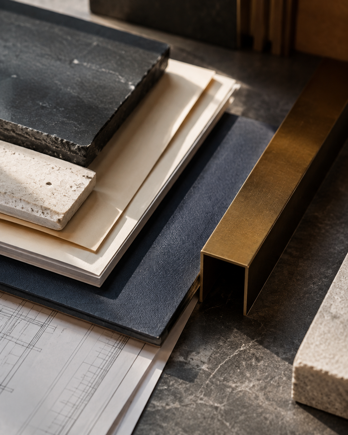 Construction material samples and architectural plans.